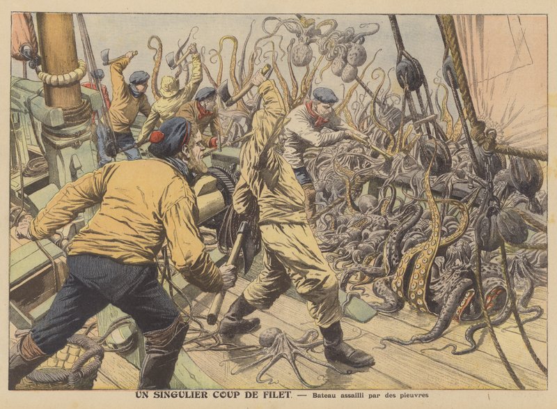 A fishing boat attacked by its catch of octopus by French School