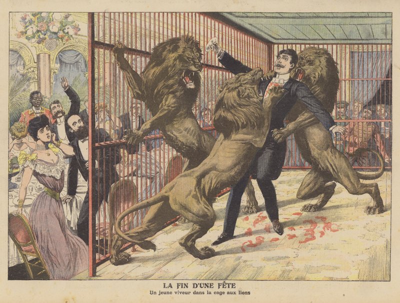A foolish young man attacked by lions after entering their cage by French School