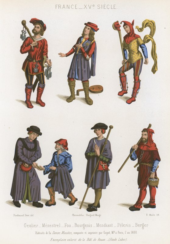 A jailer, a minstrel, a fool, bourgeoisie, a beggar, a pilgrim and a shepherd by French School