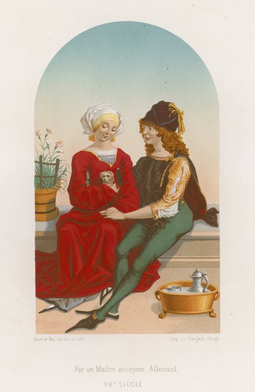 A man and woman sitting together by French School