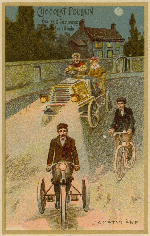 Acetylene headlights on a motor car and a motorcycle by French School