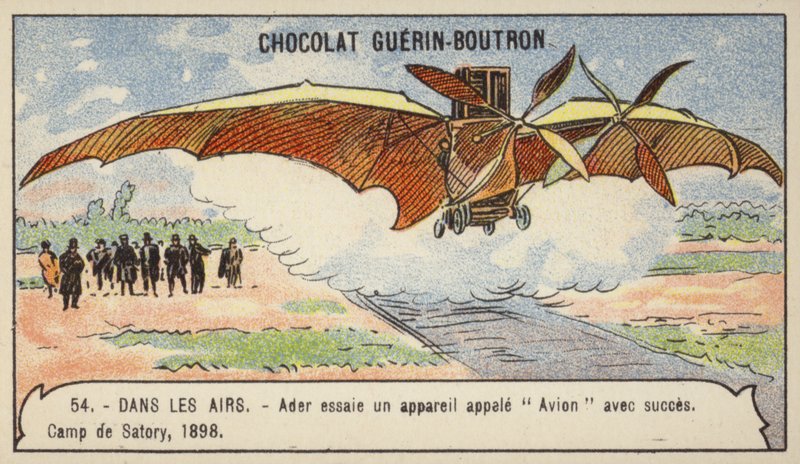 Ader making a successful flight in his flying machine Avion, Camp de Satory, France by French School