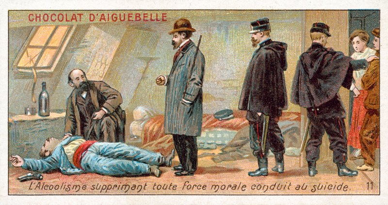 Alcoholism suppresses all moral strength and leads to suicide by French School