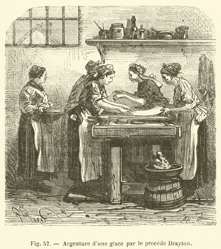 Silvering of a mirror by the Drayton process (engraving) by French School