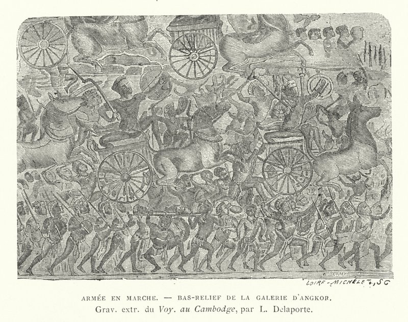 Army on the march, bas-relief from Angkor, Cambodia by French School