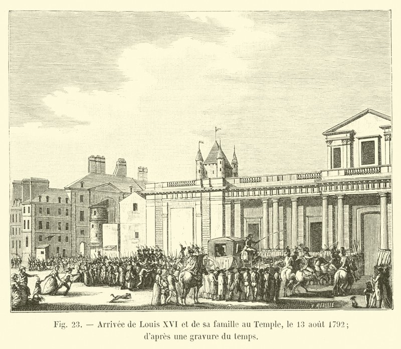 Arrival of Louis XVI and his family at the Temple, August 13, 1792; after an engraving of the time by French School