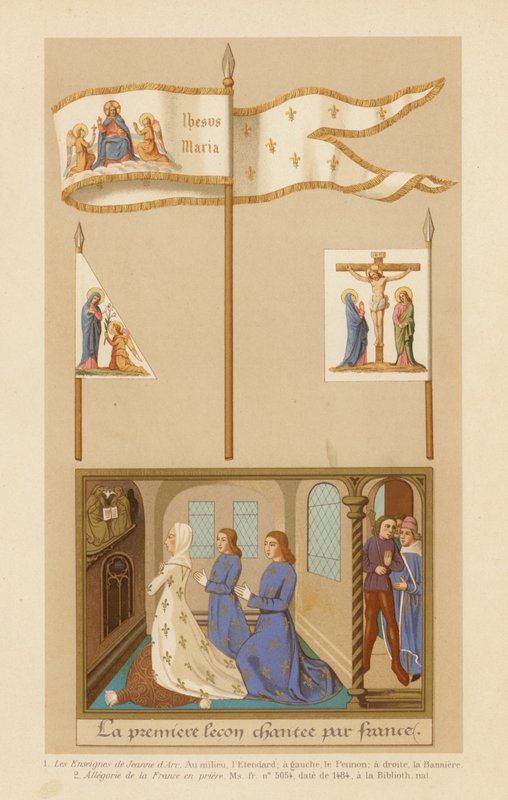 Banners of Joan of Arc and allegory of France at prayer by French School
