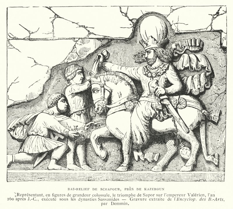 Bas-relief near Kazerun, Iran, depicting the victory of the Sasanian king Shapur I over the Roman Emperor Valerian at the Battle of Edessa, 260 by French School