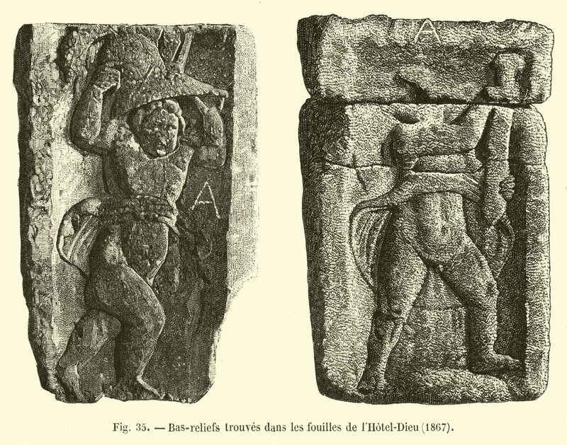 Bas-reliefs found in the excavations of Hotel-Dieu, 1867 by French School