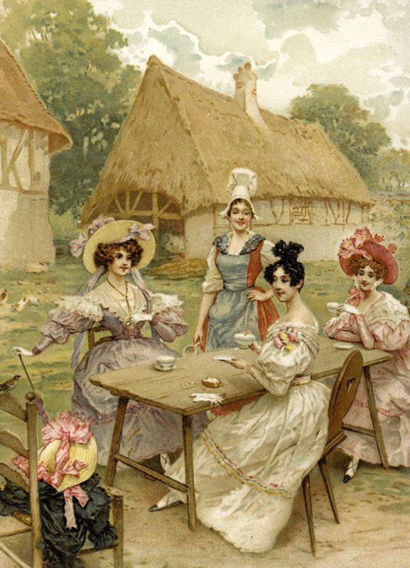 Beautiful rich women taking tea at a farm by French School