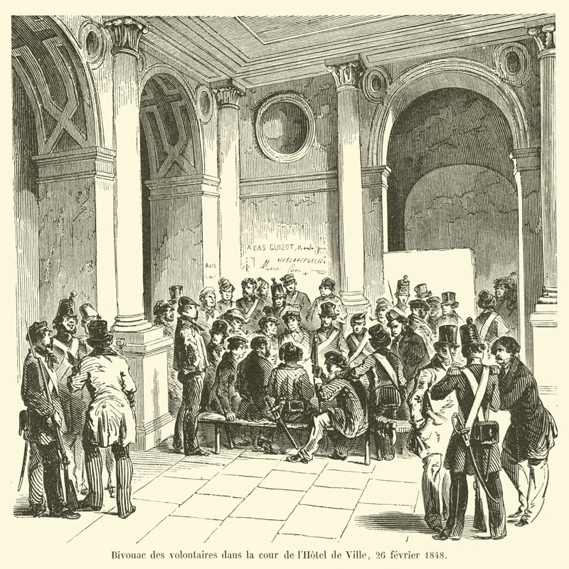 Bivouac of volunteers in the courtyard of the Hotel de Ville, February 26, 1848 by French School