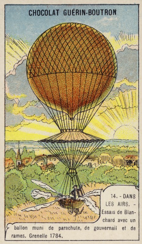 Blanchard testing his balloon equipped with parachute, rudder and oars, Grenelle, France by French School