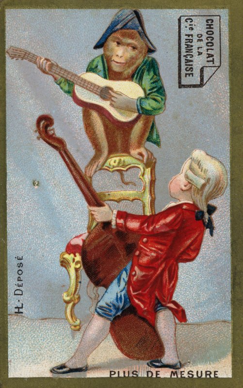 Boy and monkey playing musical instruments together by French School