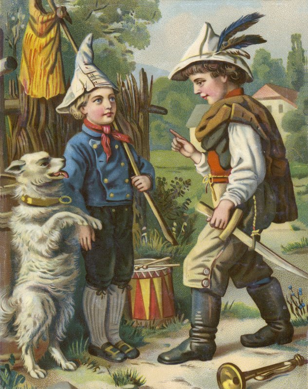 Boys playing soldiers with their dog in the country by French School