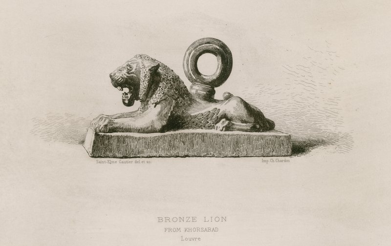 Bronze lion, from Khorsabad, Louvre (engraving) by French School