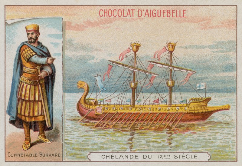 Burchard, military commander of the reign of Charlemagne, and a 9th Century warship by French School