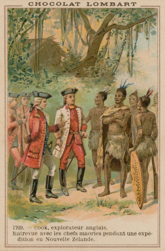 Captain James Cook meeting with Maori chiefs in New Zealand, 1769 by French School