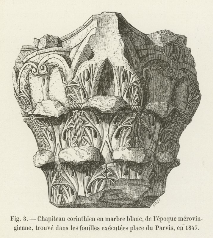 Corinthian Capital in White Marble from the Merovingian Period, Found in Excavations at Place du Parvis, 1847 by French School