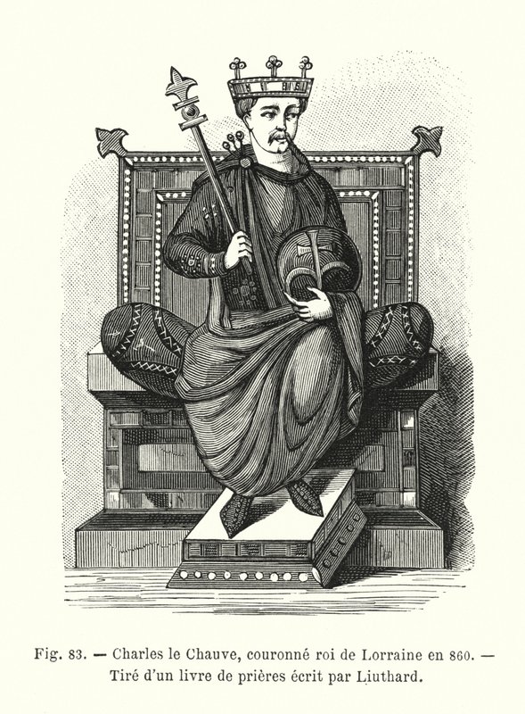 Charles the Bald, crowned King of Lorraine in 860, from a prayer book written by Liuthard by French School