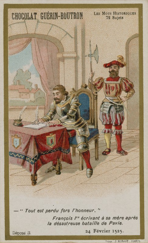 Chocolat Guerin-Boutron trade card, Historic Words series by French School