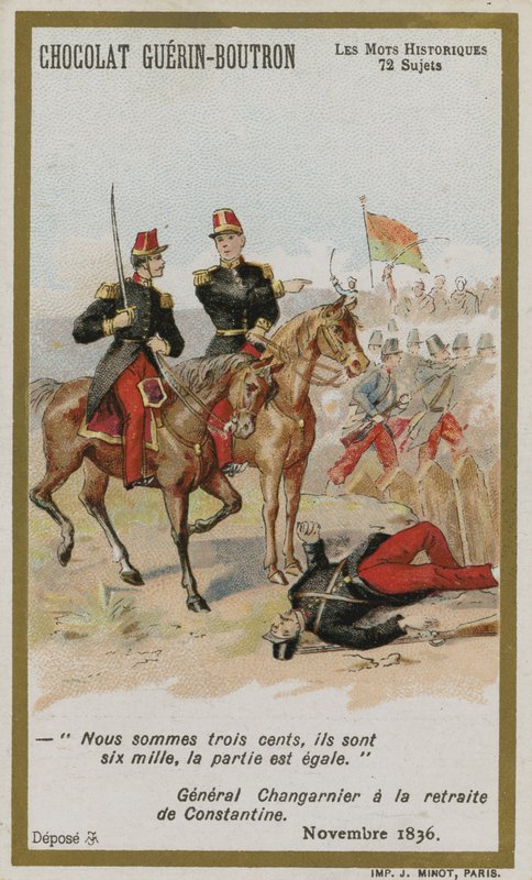 Chocolat Guerin-Boutron trade card, Historic Words series by French School