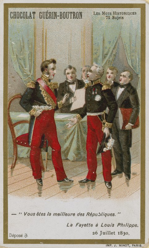 Chocolat Guerin-Boutron trade card, Historic Words series by French School