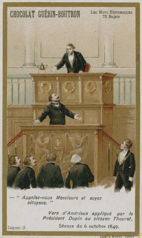 Chocolat Guerin-Boutron trade card, Historic Words series by French School
