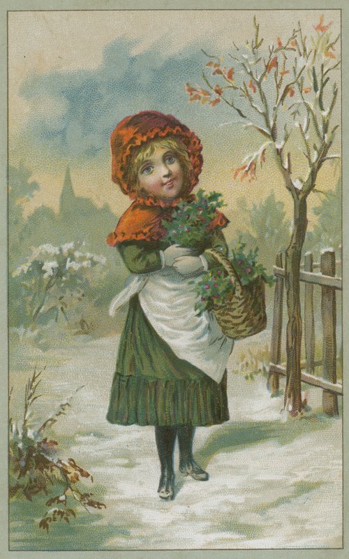 Christmas Scene with Girl Gathering Holly by French School
