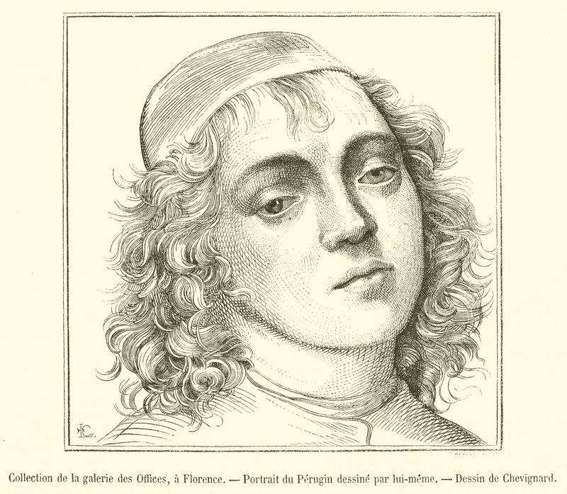 Collection of the Uffizi Gallery, Florence, Portrait of Perugino (engraving) by French School
