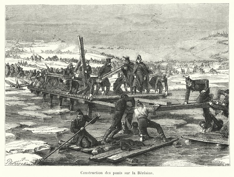 Construction of Bridges over the Berezina (engraving) by French School