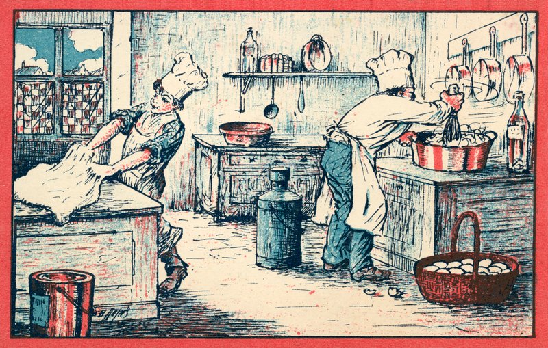 Cooks working in a kitchen by French School
