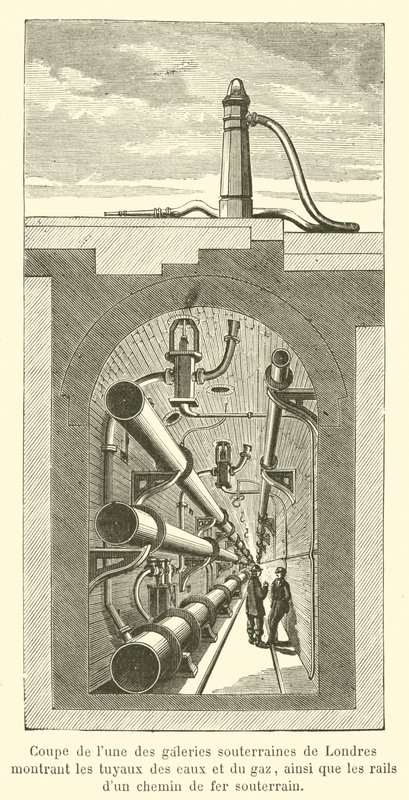 Section of One of the Underground Galleries in London Showing Water and Gas Pipes (engraving) by French School