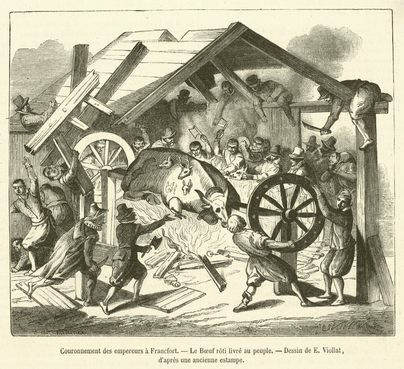 Coronation of the Emperors in Frankfurt, The Roast Ox Delivered to the People (engraving) by French School