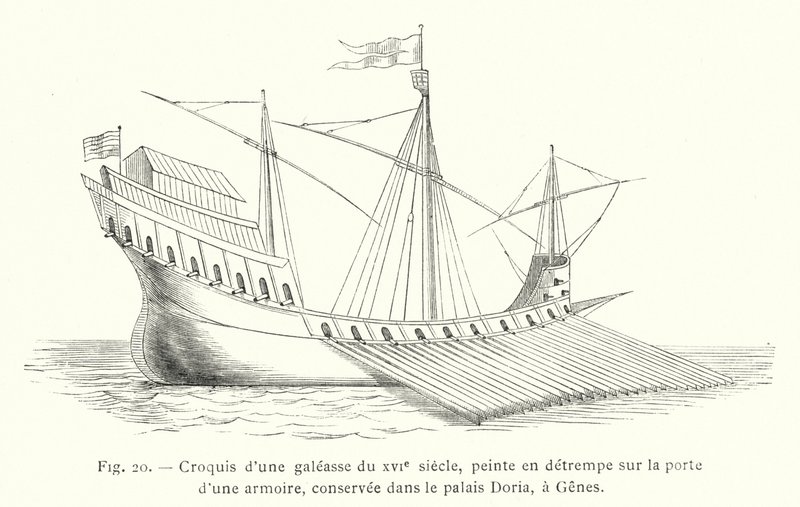 Sketch of a galleass of the 16th century, painted in tempera on the door of a cabinet, preserved in the Doria Palace, Genoa by French School