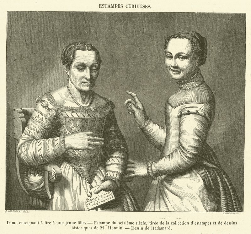 Lady Teaching a Young Girl to Read, Sixteenth Century Print (engraving) by French School