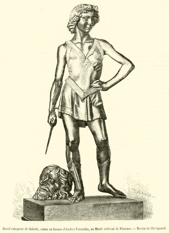 David victorious over Goliath, bronze statue by Andrea Verrocchio, at the National Museum of Florence (engraving) by French School