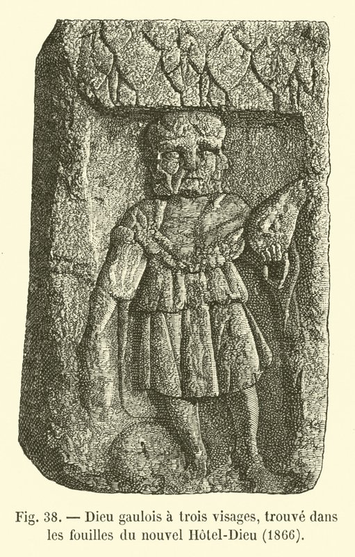 Gaulish god with three faces, found in the excavations of the new Hotel-Dieu, 1866 by French School