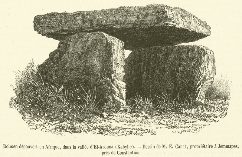 Dolmen discovered in Africa, in the El-Arouna Valley, Kabylie (engraving) by French School