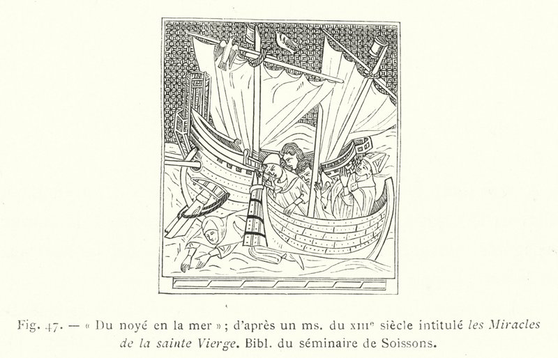 Drowning in the sea; from a 13th century manuscript titled the Miracles of the Holy Virgin, Seminary Library of Soissons by French School