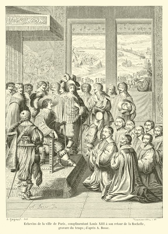 Aldermen of the city of Paris, complimenting Louis XIII on his return from La Rochelle, engraving of the time; after A Bosse by French School