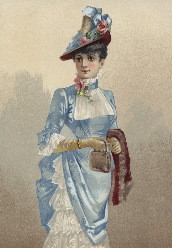 Elegant young lady in blue dress, carrying small handbag by French School