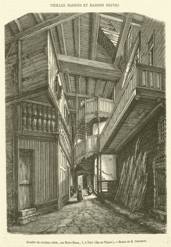 Sixteenth-century staircase, Notre-Dame Street, 7, in Vitre, Ille-et-Vilaine (engraving) by French School