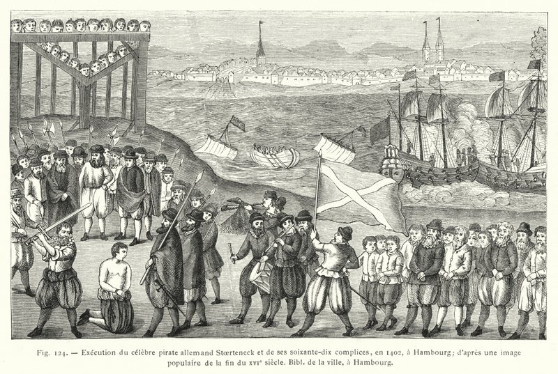 Execution of the famous German pirate Stoerteneck and his seventy accomplices, in 1402, in Hamburg; after a popular image from the late 16th century, City Library, Hamburg by French School