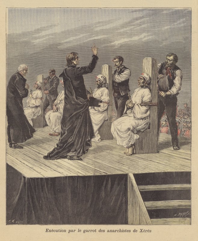Execution of anarchists by garrotting at Jerez, Spain by French School