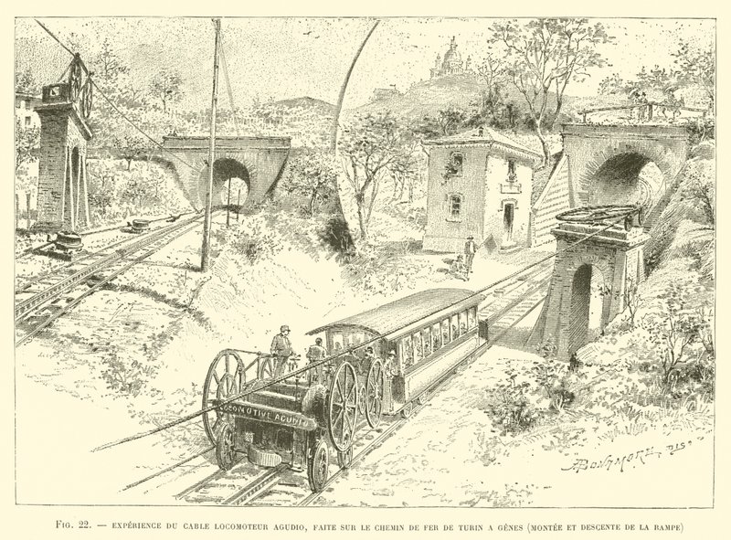 Experiment of the Agudio Locomotive Cable, Conducted on the Turin to Genoa Railway, Ascent and Descent of the Ramp (engraving) by French School