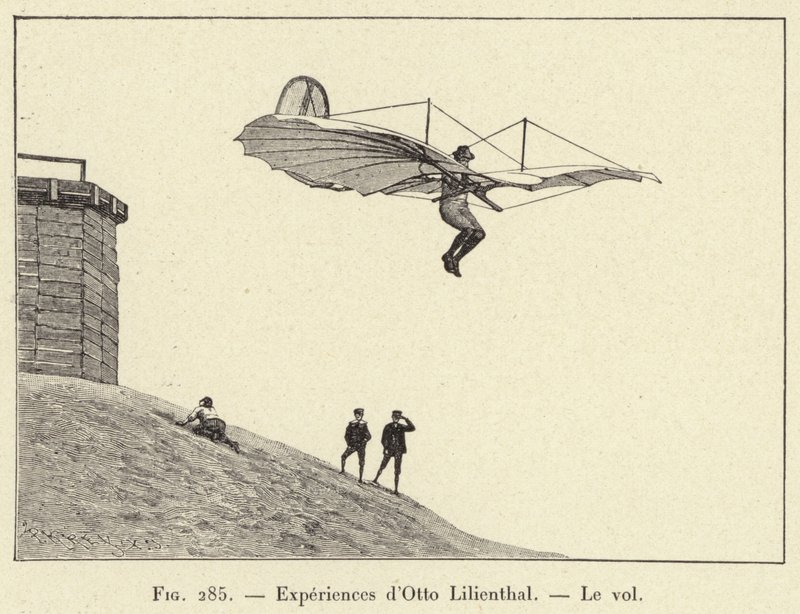 Experiments of Otto Lilienthal, The Flight (engraving) by French School