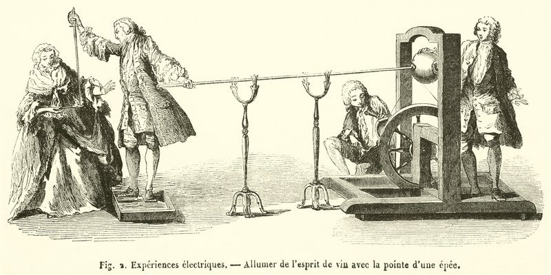 Electrical Experiments, Lighting Alcohol with the Tip of a Sword (engraving) by French School