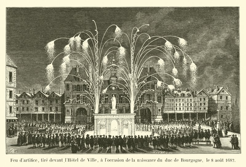 Fireworks, fired in front of the Hotel de Ville, on the occasion of the birth of the Duke of Burgundy, August 8, 1682 by French School