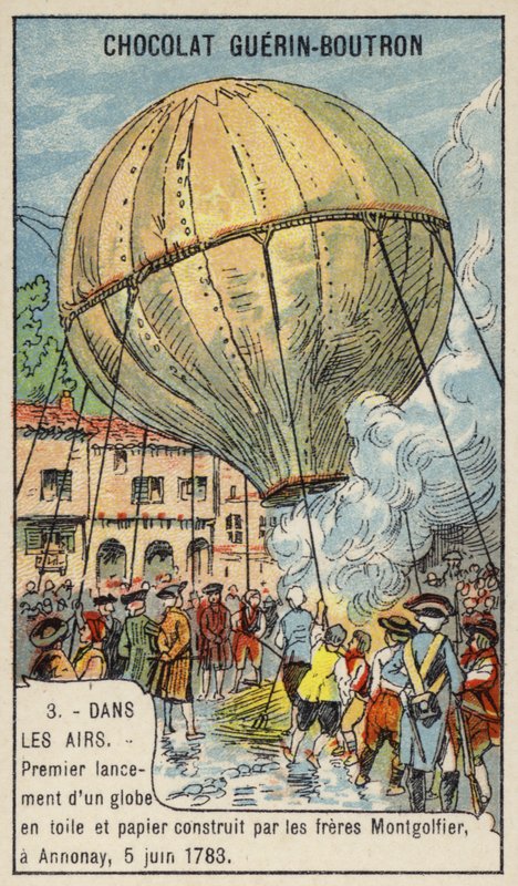 First launch of a hot air balloon by the Montgolfier Brothers, Annonay, France, 5 June 1783 by French School