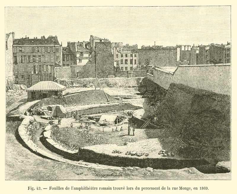 Excavations of the Roman amphitheater found during the opening of Rue Monge, in 1869 by French School